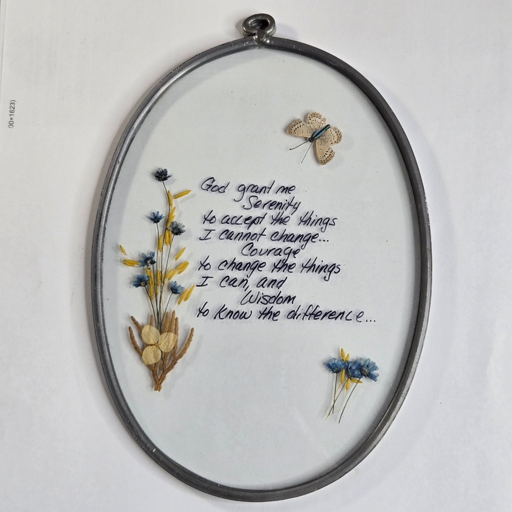 Wall Art‎ Serenity Prayer Suncatcher Butterlfy Silver Pressed Flowers Vintage
